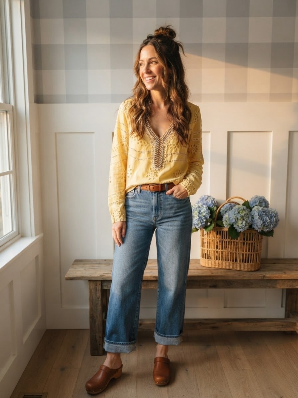 Boston Proper Yellow Embroidered V-Neck Eyelet Blouse XS